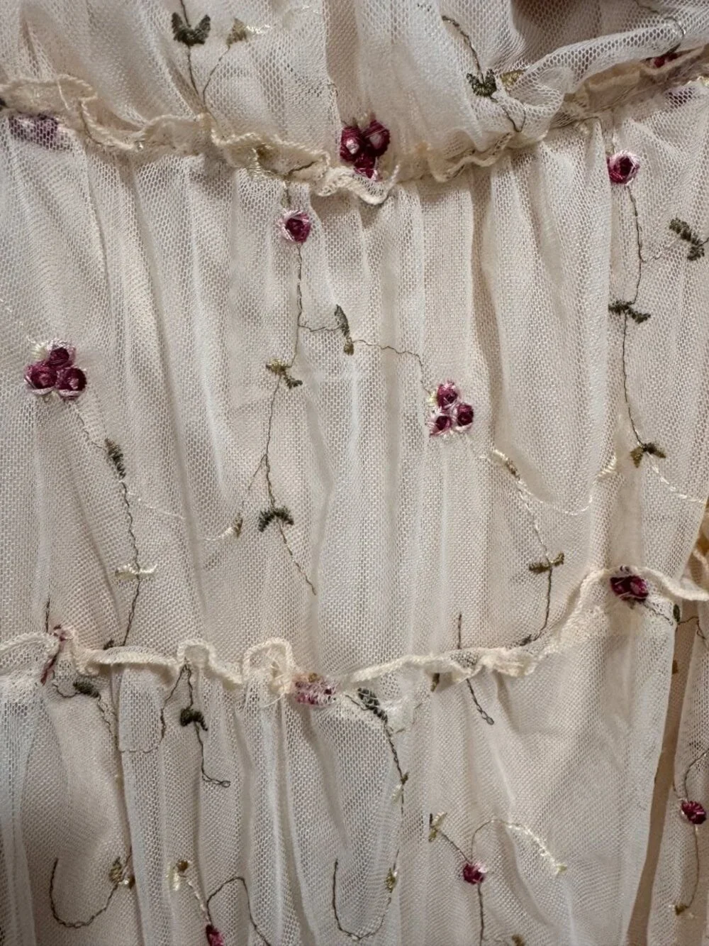 Embroidered Floral Mesh Tiered Dress With Adjustable Spaghetti Straps